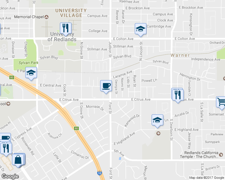 map of restaurants, bars, coffee shops, grocery stores, and more near 20 Judson Street in Redlands