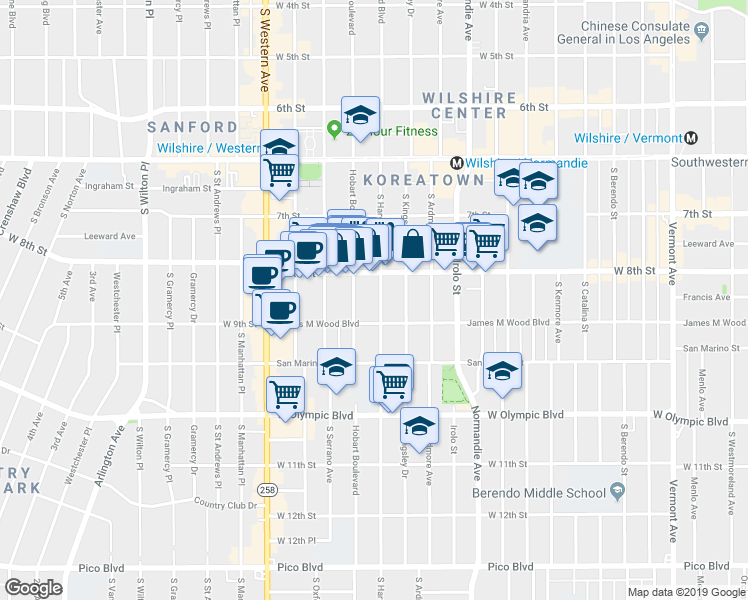 map of restaurants, bars, coffee shops, grocery stores, and more near in Los Angeles