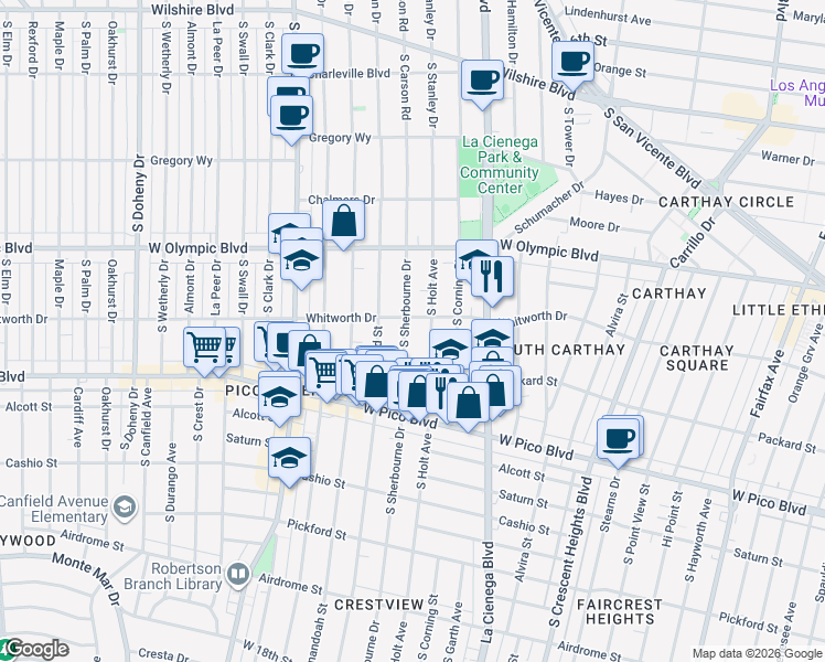 map of restaurants, bars, coffee shops, grocery stores, and more near 1114 South Sherbourne Drive in Los Angeles