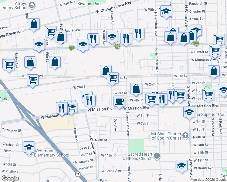 map of restaurants, bars, coffee shops, grocery stores, and more near 264 Oak Avenue in Pomona
