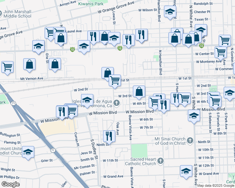 map of restaurants, bars, coffee shops, grocery stores, and more near 1375 West 3rd Street in Pomona