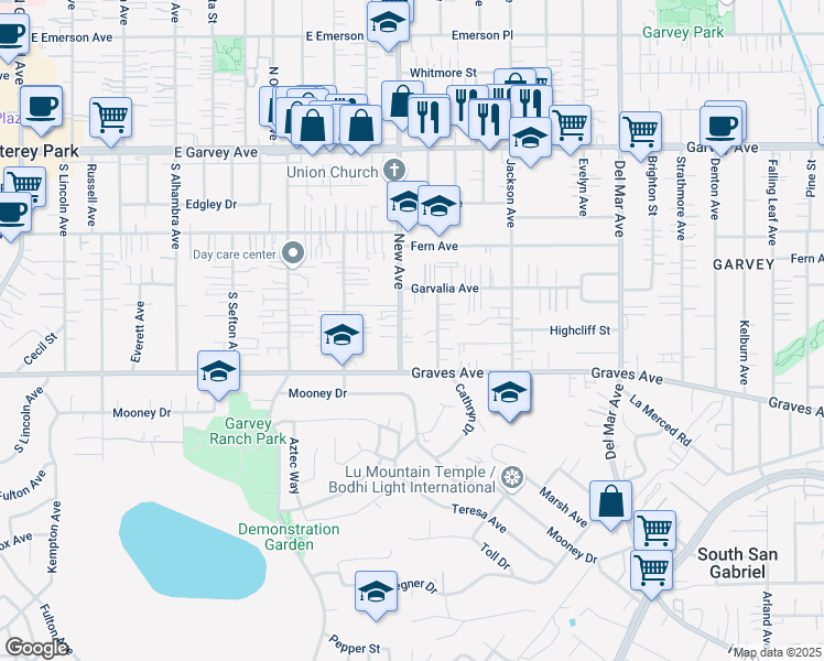 map of restaurants, bars, coffee shops, grocery stores, and more near 2421 Stevens Avenue in Rosemead