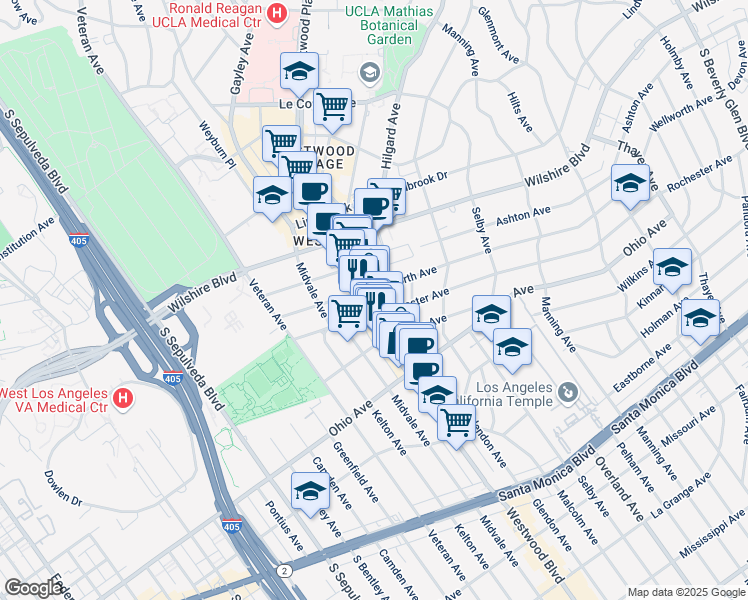 map of restaurants, bars, coffee shops, grocery stores, and more near 10864 Rochester Avenue in Los Angeles