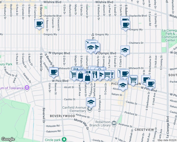 map of restaurants, bars, coffee shops, grocery stores, and more near 1110 South Oakhurst Drive in Los Angeles
