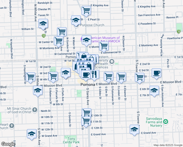 map of restaurants, bars, coffee shops, grocery stores, and more near 400 South Garey Avenue in Pomona