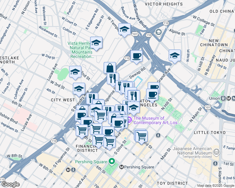 map of restaurants, bars, coffee shops, grocery stores, and more near 880 West 1st Street in Los Angeles