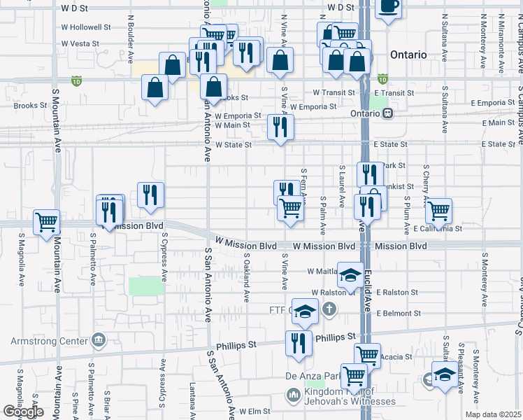 map of restaurants, bars, coffee shops, grocery stores, and more near 539 West Nevada Street in Ontario