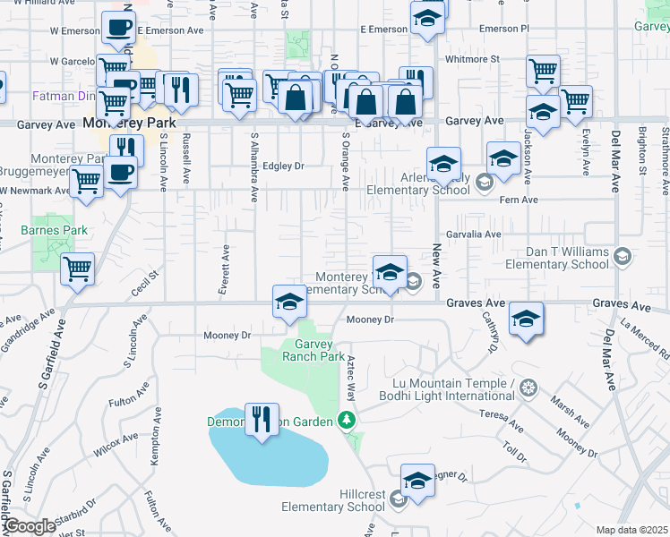 map of restaurants, bars, coffee shops, grocery stores, and more near 505 South Orange Avenue in Monterey Park