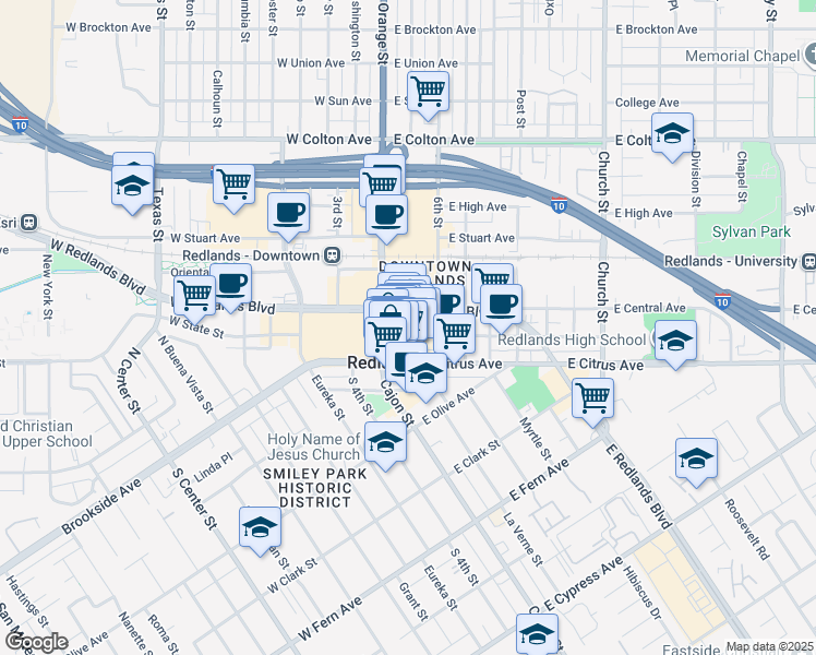 map of restaurants, bars, coffee shops, grocery stores, and more near 19 North 5th Street in Redlands