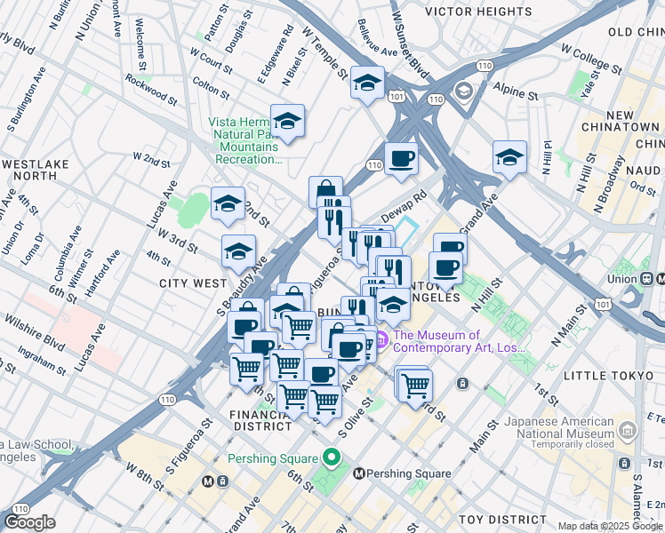 map of restaurants, bars, coffee shops, grocery stores, and more near 198 South Figueroa Street in Los Angeles
