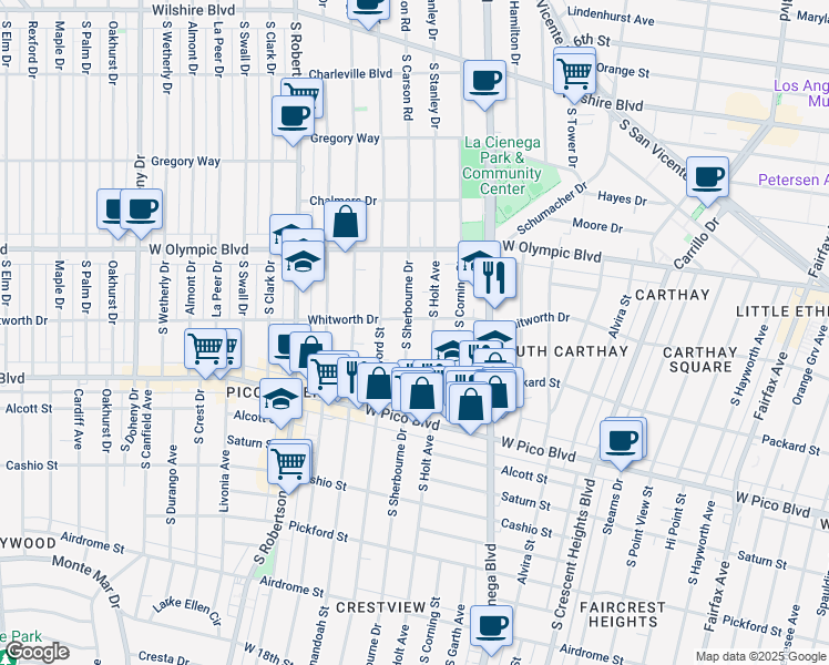 map of restaurants, bars, coffee shops, grocery stores, and more near 1114 South Sherbourne Drive in Los Angeles