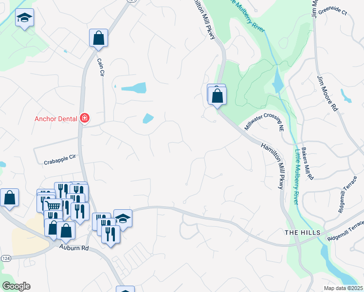 map of restaurants, bars, coffee shops, grocery stores, and more near 2095 Lakeland Drive in Dacula