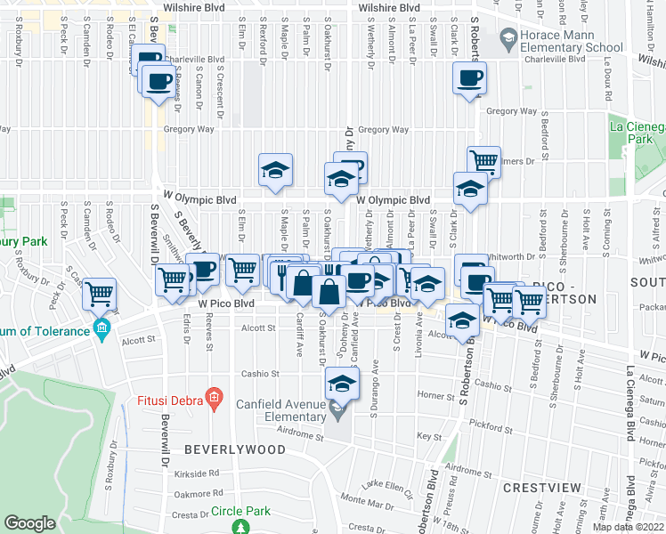map of restaurants, bars, coffee shops, grocery stores, and more near 1110 South Oakhurst Drive in Los Angeles