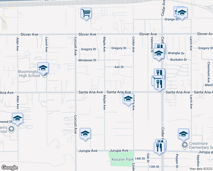 map of restaurants, bars, coffee shops, grocery stores, and more near 10851 Maple Avenue in Bloomington