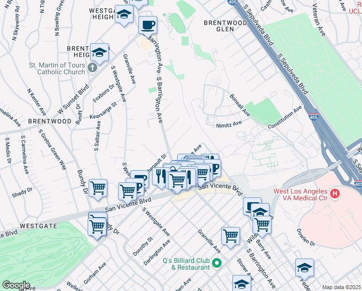 map of restaurants, bars, coffee shops, grocery stores, and more near 11670 Chenault Street in Los Angeles