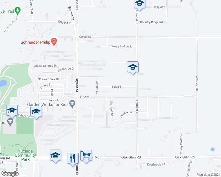 map of restaurants, bars, coffee shops, grocery stores, and more near 35525 Balsa Street in Yucaipa