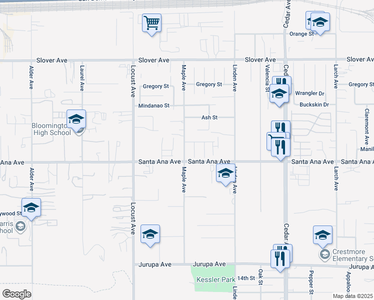 map of restaurants, bars, coffee shops, grocery stores, and more near 10851 Maple Avenue in Bloomington