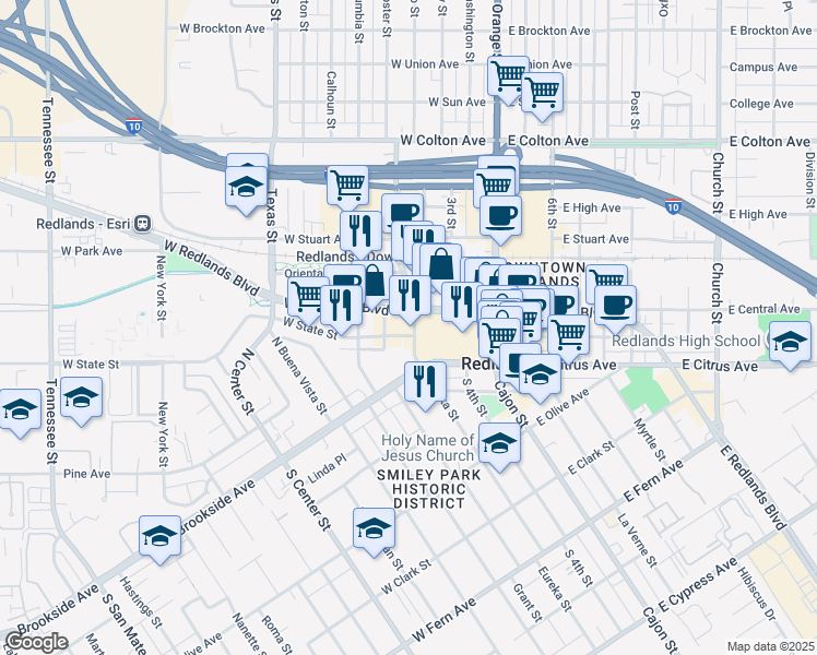 map of restaurants, bars, coffee shops, grocery stores, and more near in Redlands