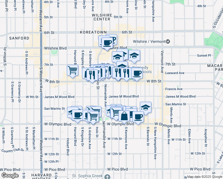 map of restaurants, bars, coffee shops, grocery stores, and more near 871 South Mariposa Avenue in Los Angeles