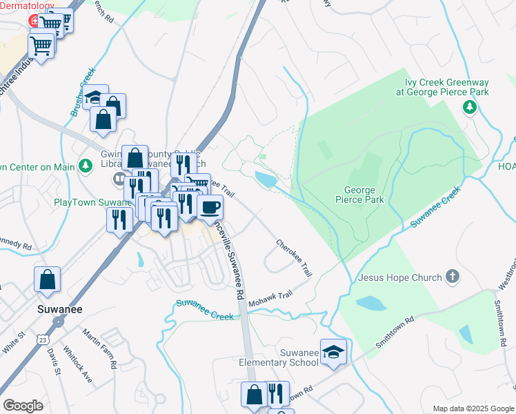 map of restaurants, bars, coffee shops, grocery stores, and more near 123 Suwanee Avenue in Suwanee
