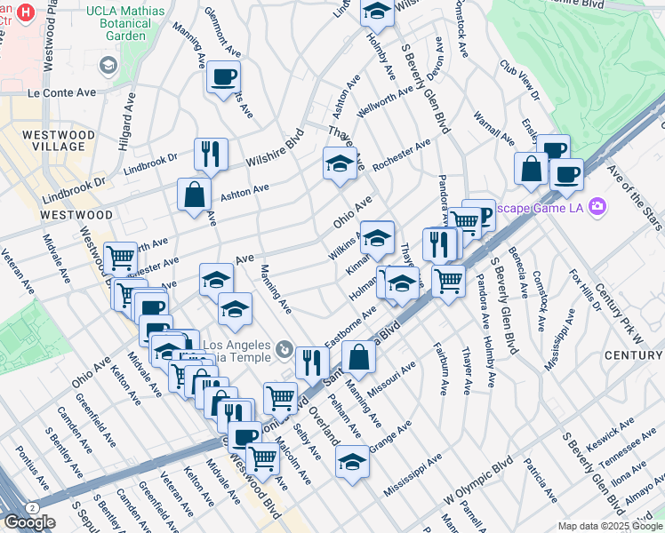 map of restaurants, bars, coffee shops, grocery stores, and more near 10600 Wilkins Avenue in Los Angeles