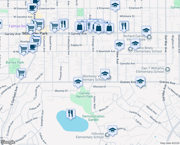 map of restaurants, bars, coffee shops, grocery stores, and more near 505 South Orange Avenue in Monterey Park