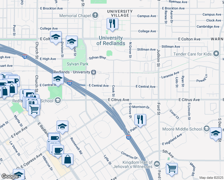 map of restaurants, bars, coffee shops, grocery stores, and more near in Redlands