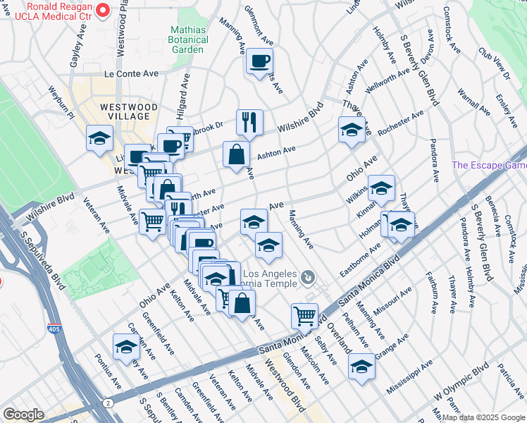 map of restaurants, bars, coffee shops, grocery stores, and more near 10750 Ohio Avenue in Los Angeles
