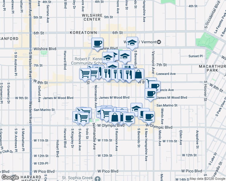 map of restaurants, bars, coffee shops, grocery stores, and more near 832 Fedora Street in Los Angeles