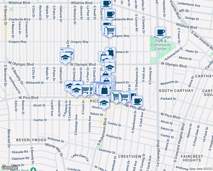 map of restaurants, bars, coffee shops, grocery stores, and more near 466a South Clark Drive in Beverly Hills