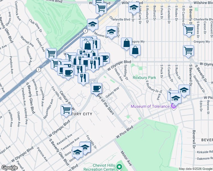 map of restaurants, bars, coffee shops, grocery stores, and more near 2112 Century Park Lane in Los Angeles