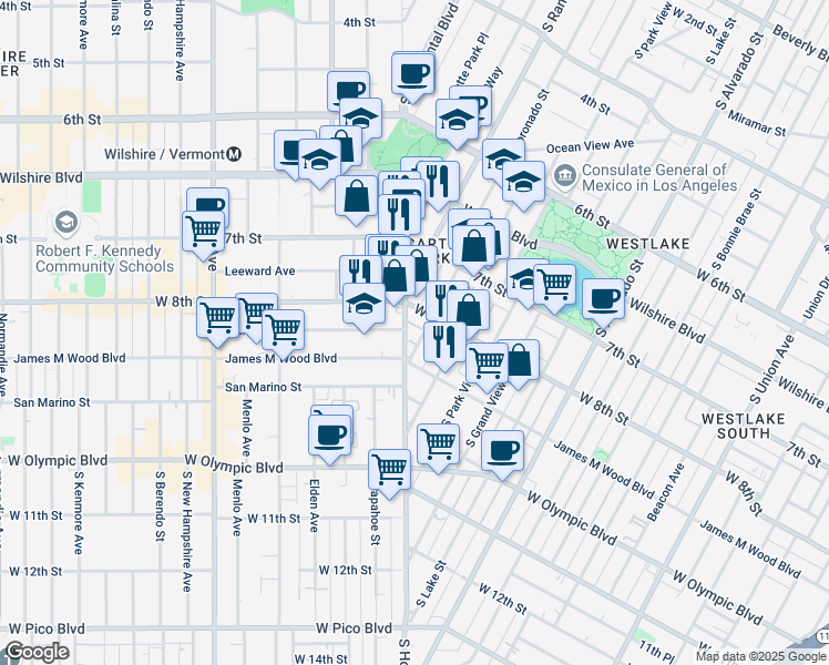 map of restaurants, bars, coffee shops, grocery stores, and more near 825 South Coronado Street in Los Angeles