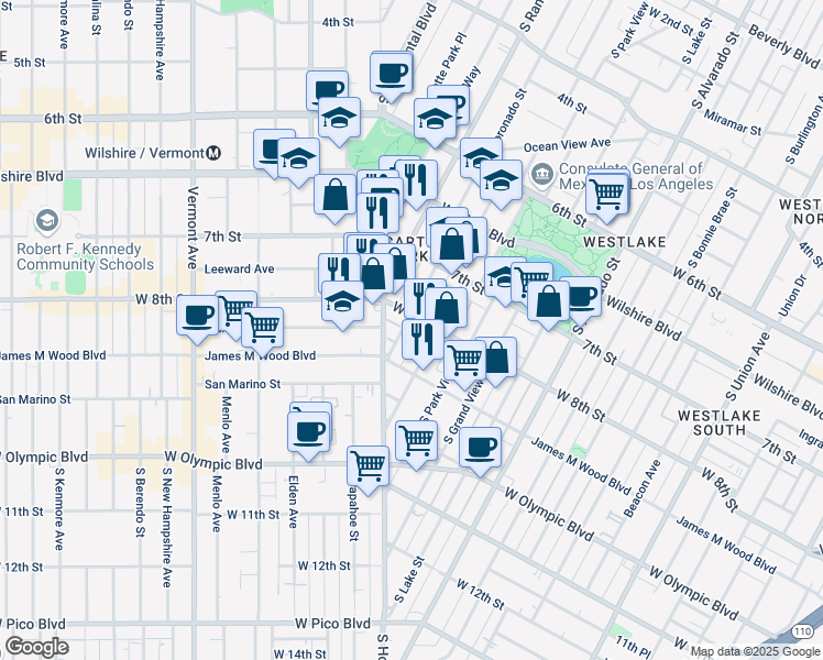 map of restaurants, bars, coffee shops, grocery stores, and more near 746 South Coronado Street in Los Angeles