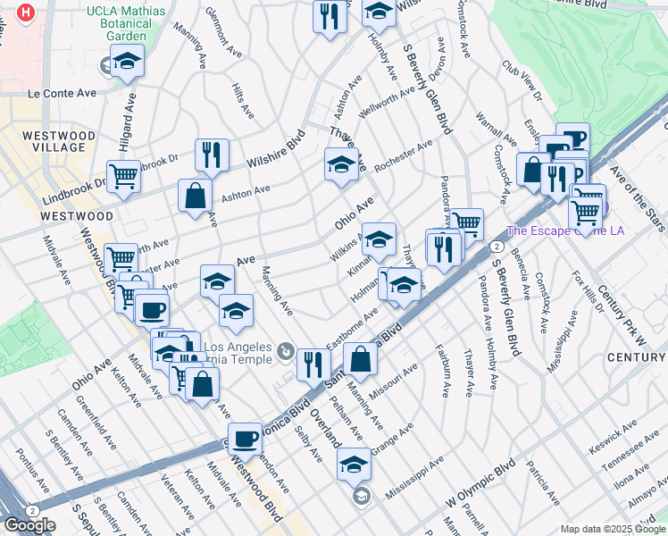 map of restaurants, bars, coffee shops, grocery stores, and more near 10600 Wilkins Avenue in Los Angeles
