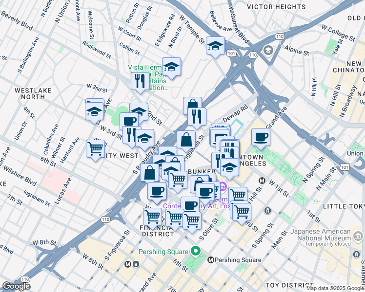 map of restaurants, bars, coffee shops, grocery stores, and more near 123 South Figueroa Street in Los Angeles