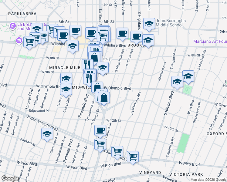 map of restaurants, bars, coffee shops, grocery stores, and more near 958 South Mansfield Avenue in Los Angeles