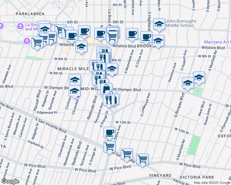 map of restaurants, bars, coffee shops, grocery stores, and more near 958 South Mansfield Avenue in Los Angeles