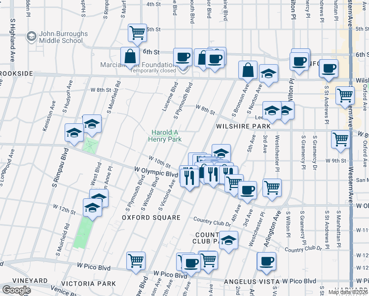 map of restaurants, bars, coffee shops, grocery stores, and more near 911 South Victoria Avenue in Los Angeles