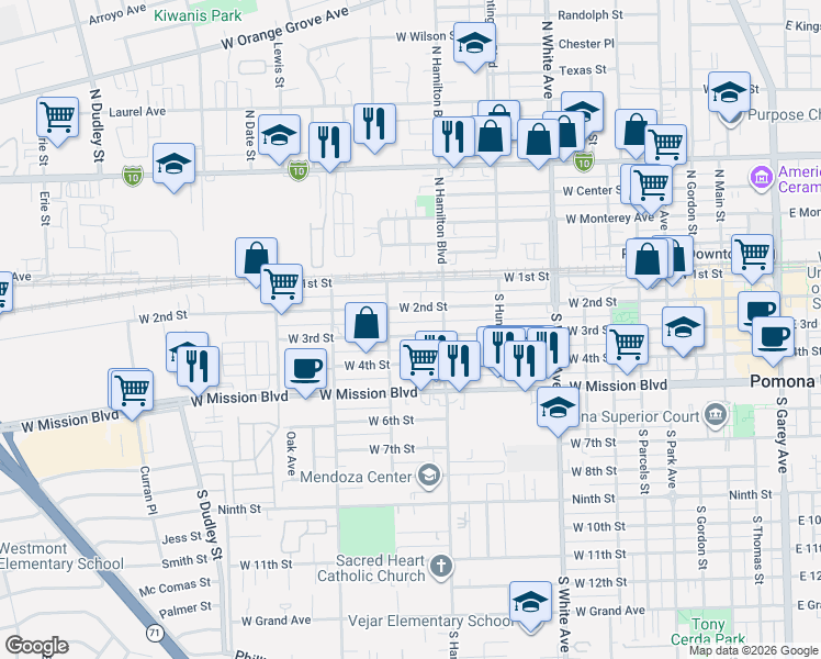 map of restaurants, bars, coffee shops, grocery stores, and more near 1163 West 3rd Street in Pomona