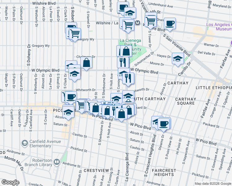 map of restaurants, bars, coffee shops, grocery stores, and more near 1111 South Corning Street in Los Angeles