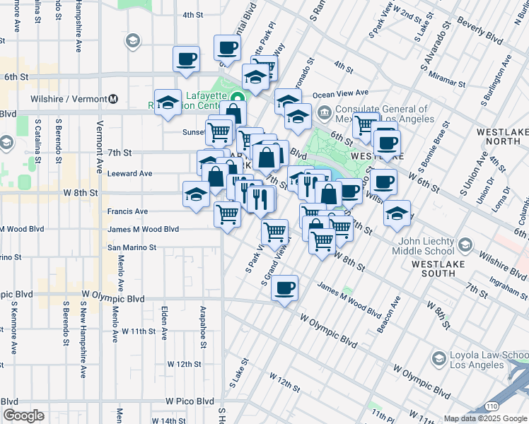 map of restaurants, bars, coffee shops, grocery stores, and more near 716 South Carondelet Street in Los Angeles