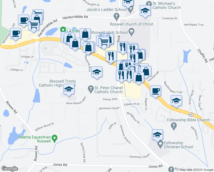map of restaurants, bars, coffee shops, grocery stores, and more near 11350 Woodstock Road in Roswell