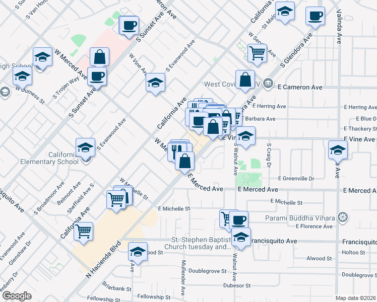 map of restaurants, bars, coffee shops, grocery stores, and more near 1026 Sandy Hook Street South in West Covina