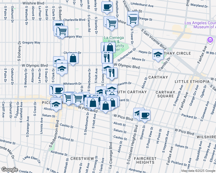map of restaurants, bars, coffee shops, grocery stores, and more near 1060 South Corning Street in Los Angeles