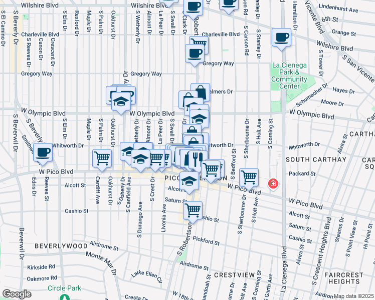 map of restaurants, bars, coffee shops, grocery stores, and more near 1108 South Clark Drive in Los Angeles