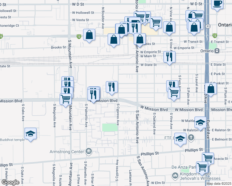 map of restaurants, bars, coffee shops, grocery stores, and more near 850 West Mission Boulevard in Ontario