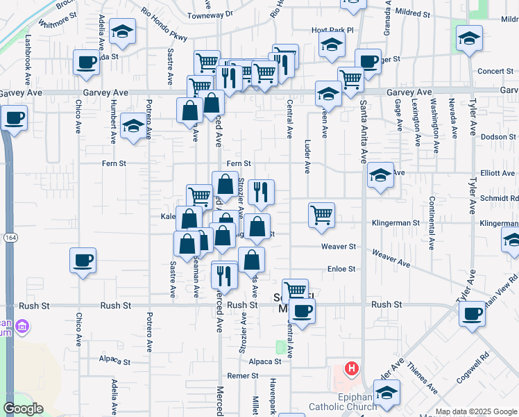 map of restaurants, bars, coffee shops, grocery stores, and more near 2420 Edwards Avenue in South El Monte