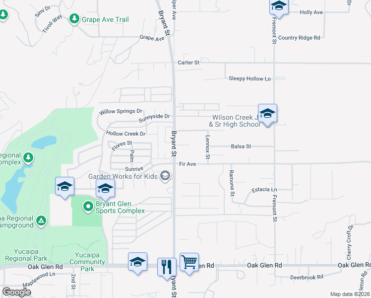 map of restaurants, bars, coffee shops, grocery stores, and more near 35356 Bryant Court in Yucaipa