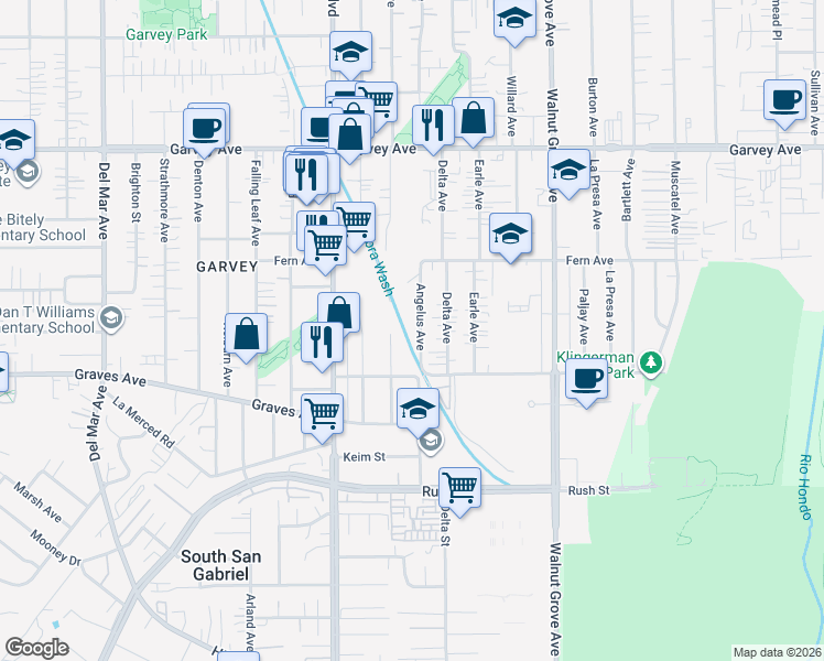 map of restaurants, bars, coffee shops, grocery stores, and more near 2515 Angelus Avenue in Rosemead