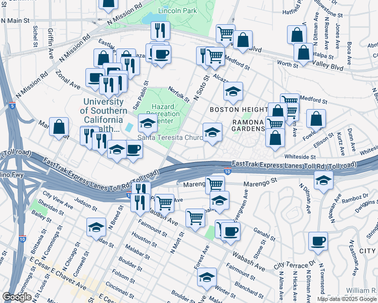 map of restaurants, bars, coffee shops, grocery stores, and more near 2461 Verde Street in Los Angeles